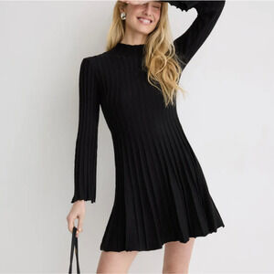 Maje Black Ribbed Knit Mini Dress SMALL Career Fit Flare Long Bell Sleeve $300